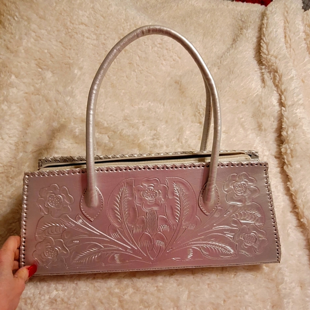Silver hand tooled leather purse handbag STUNNING nwot western classic